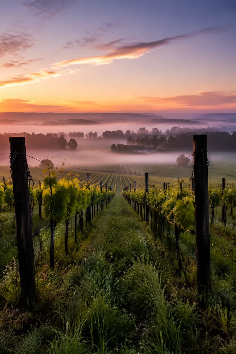 Misty Dawn Vineyard Rows on Hillside