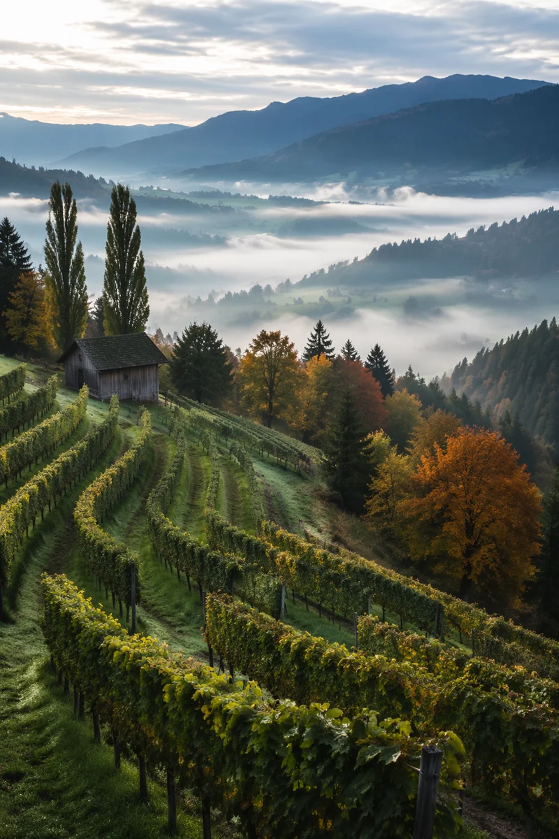 Misty Morning Vineyard on Evergreen Hillside