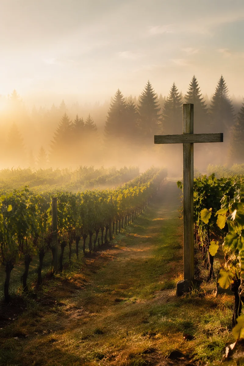 Morning Mist Vineyard with Evergreen Cross