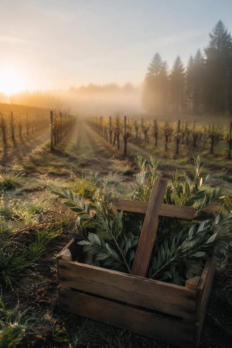 Morning Mist Vineyard With Wooden Cross