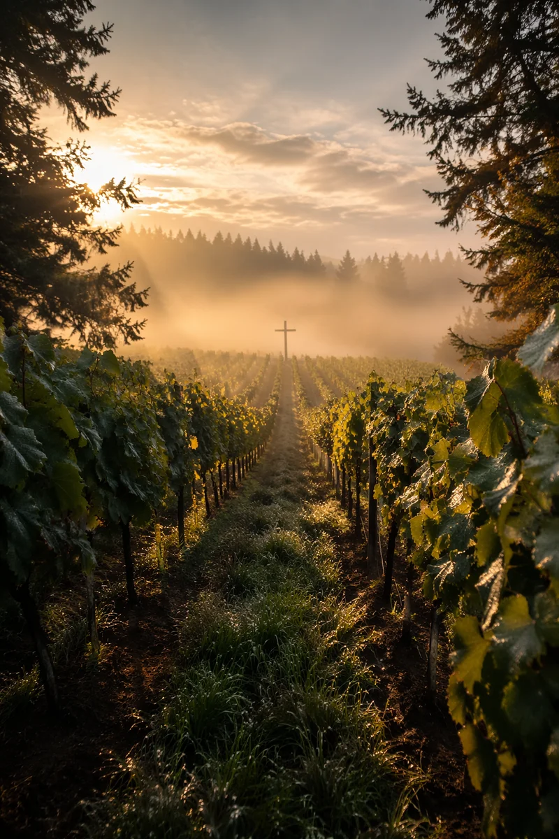 Misty Vineyard Rows With Weathered Cross