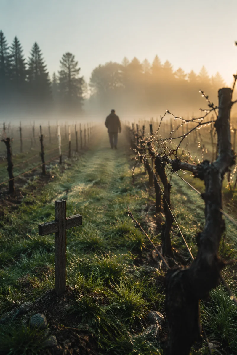Morning Mist Vineyard with Wooden Cross