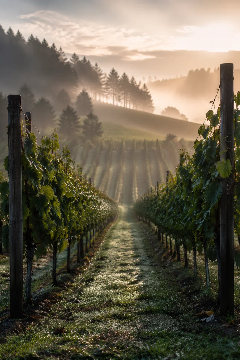 Morning Mist Vineyard Rows with Evergreens