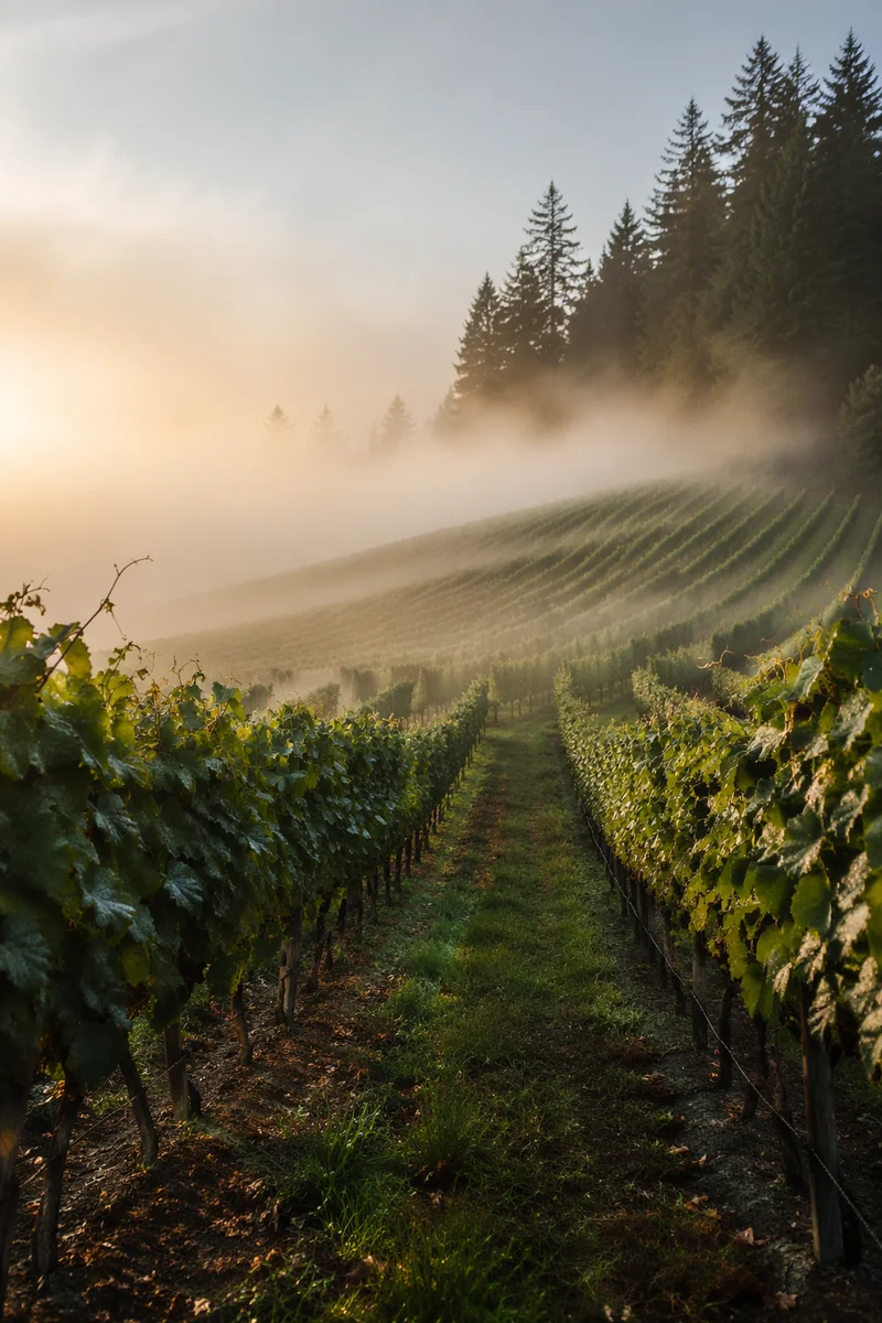 Misty Vineyard Rows at Sunrise