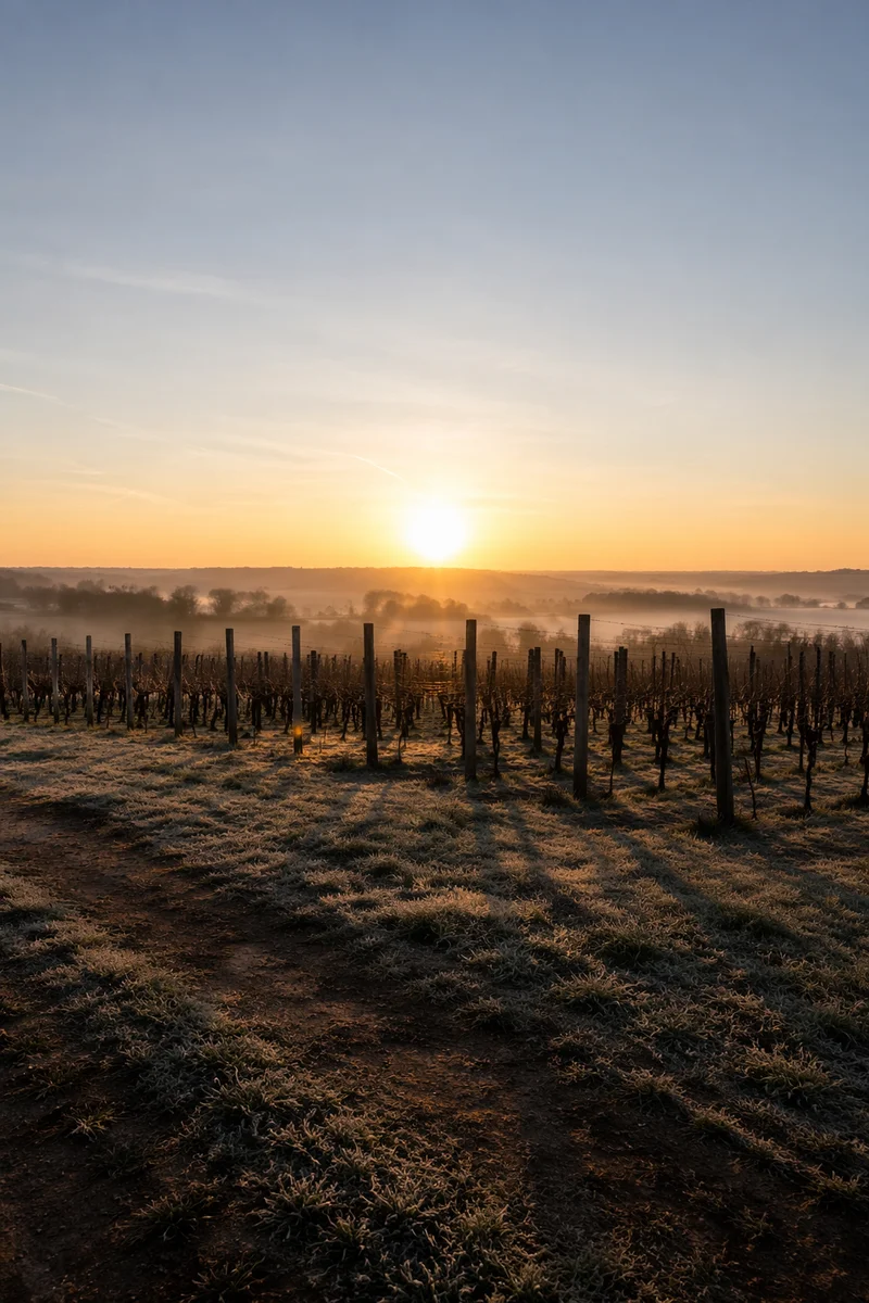 Morning Mist Over Quiet Vineyard Rows