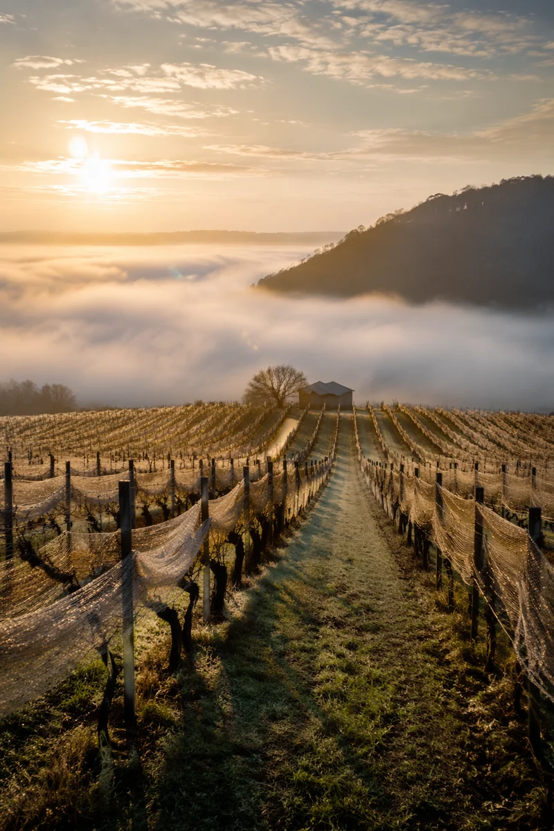 Morning Mist Over Vineyard Rows
