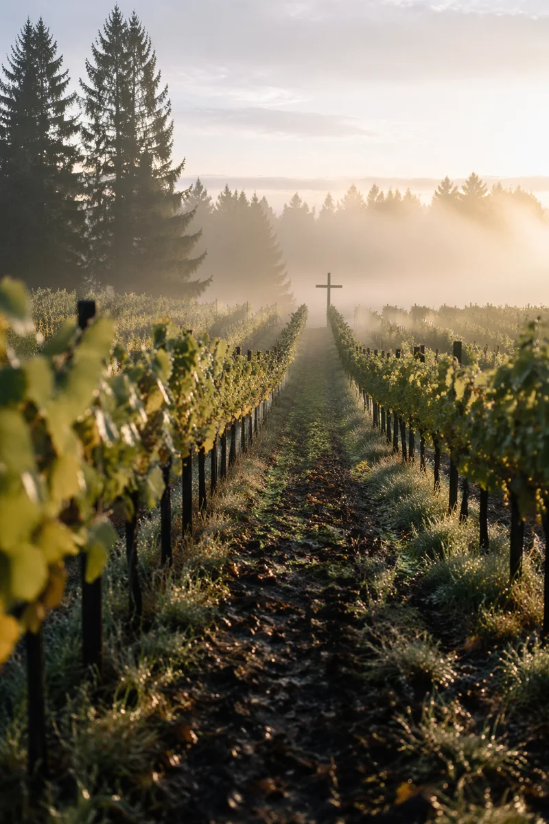 Morning Mist Vineyard with Wooden Cross
