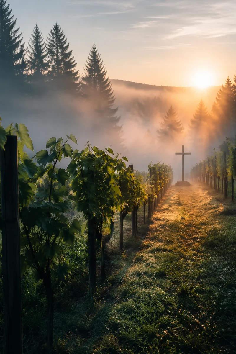 Morning Mist Vineyard with Wooden Cross