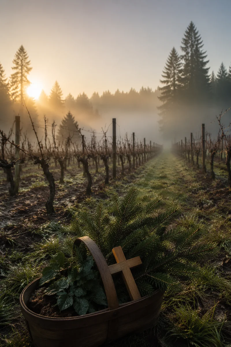 Misty Vineyard Dawn with Evergreen Cross