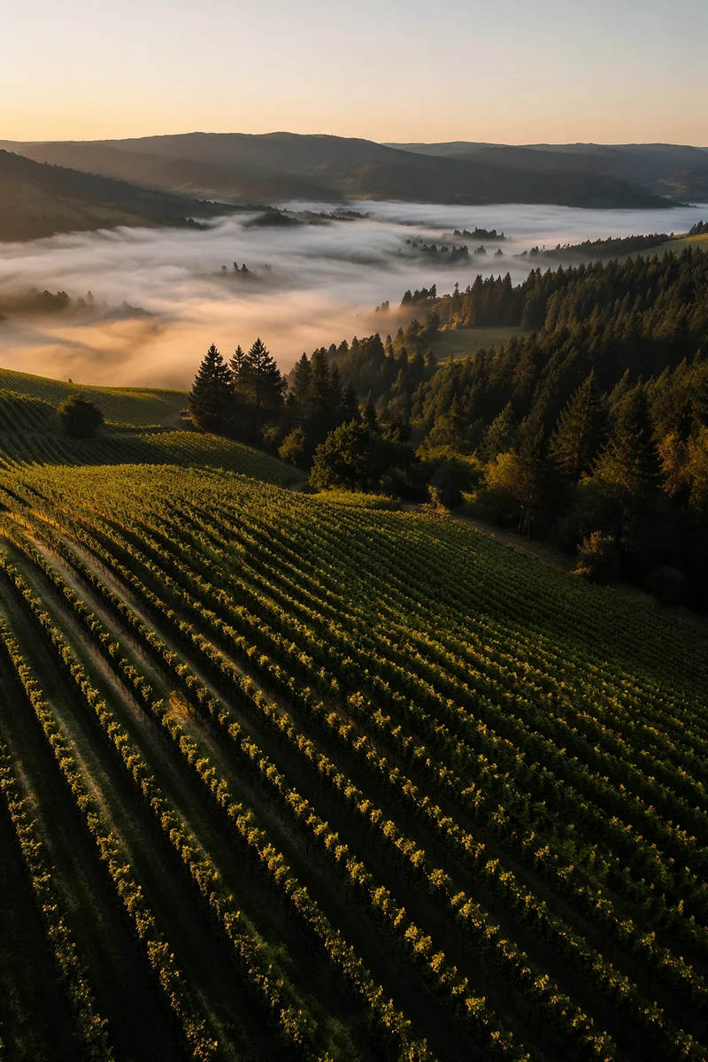 Morning Mist Over Evergreen Vineyard Hills