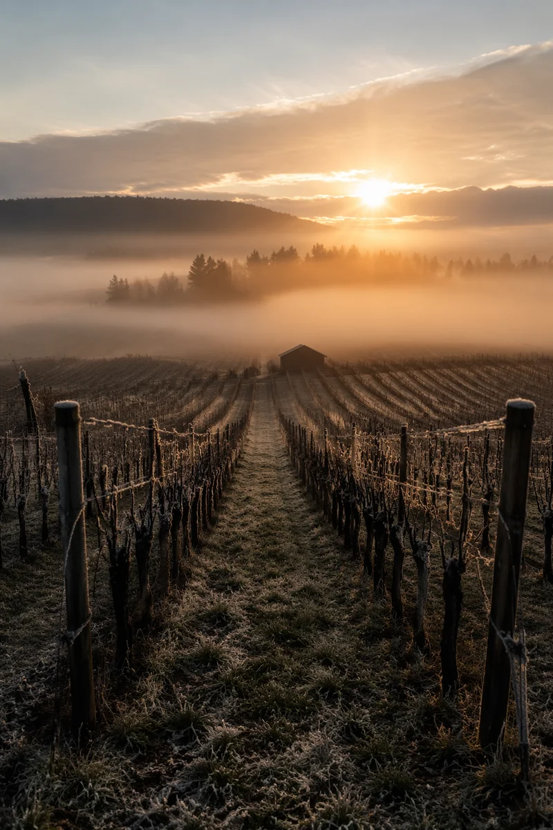 Misty Dawn Vineyard Rows with Evergreen Horizon