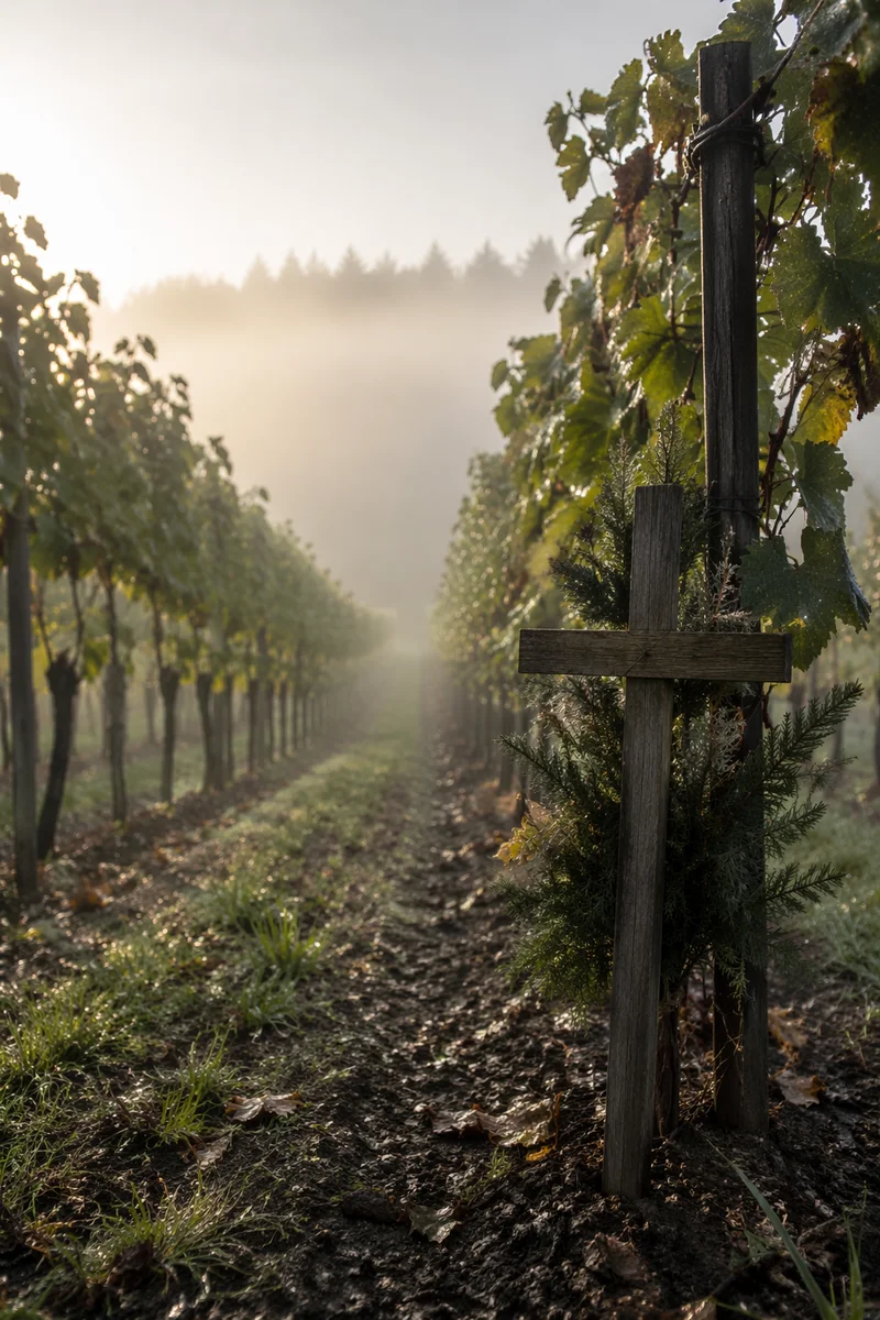 Misty Vineyard Rows with Wooden Cross