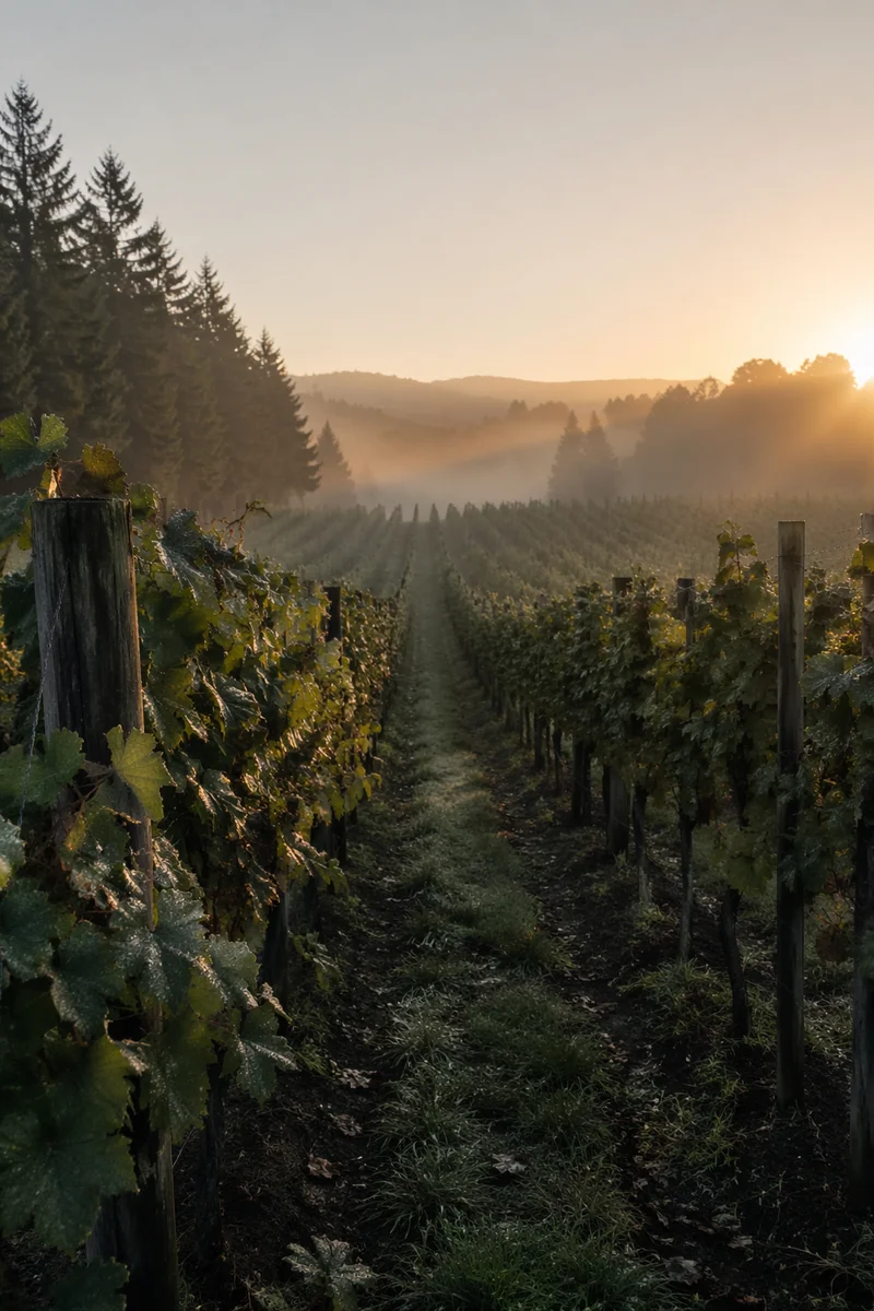 Morning Mist Over Evergreen Vineyard Rows