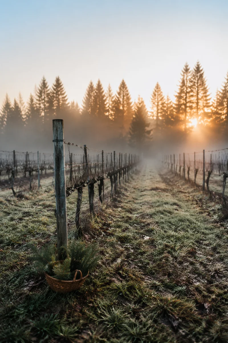 Morning Mist Over Evergreen Vineyard Rows