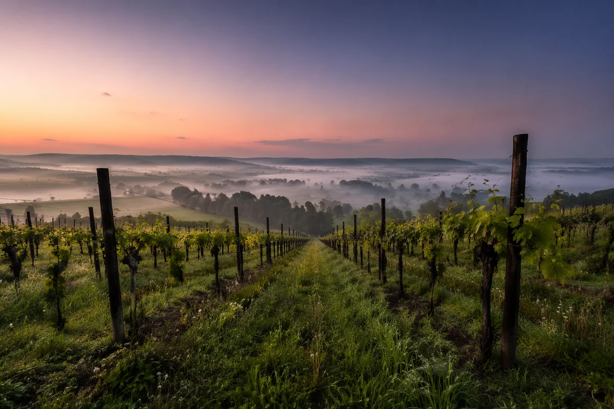 Misty Evergreen Vineyard Rows at Dawn