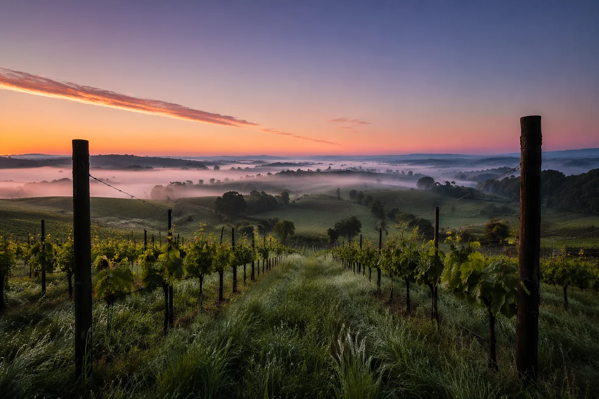 Misty Vineyard Rows at Sunrise