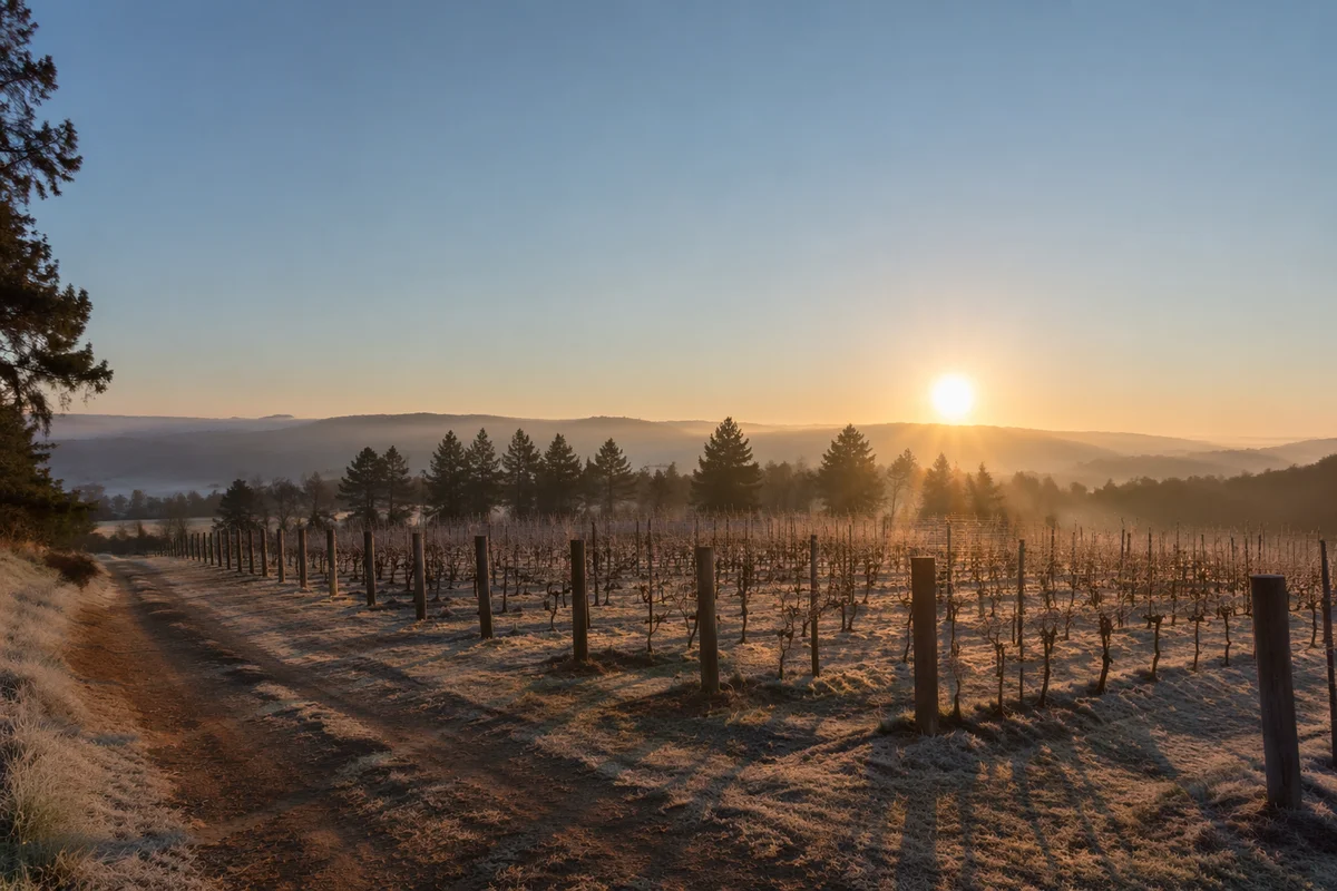 Misty Evergreen Vineyard Rows at Dawn
