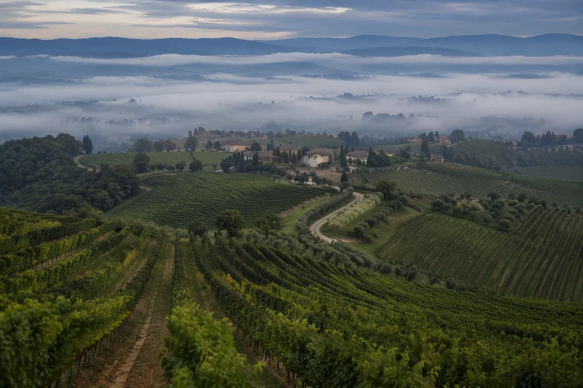 Misty Vineyard Rows at Serene Dawn