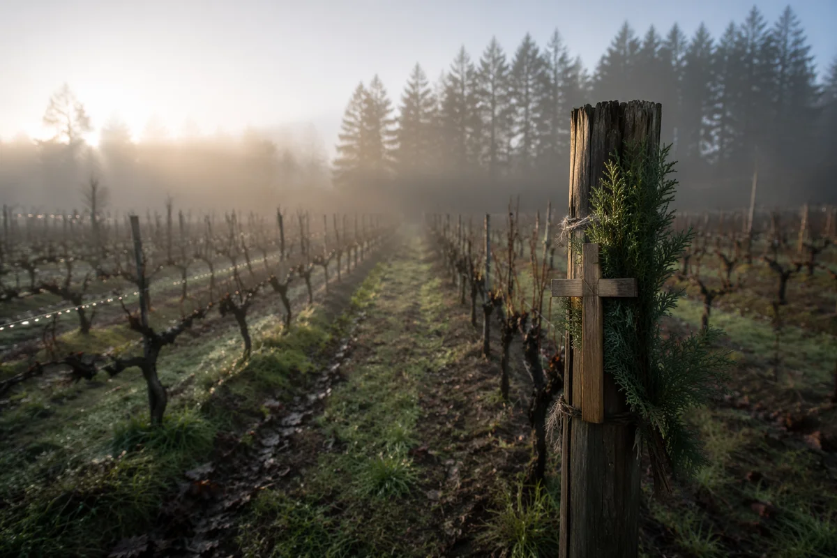 Morning Mist Vineyard Cross with Evergreens
