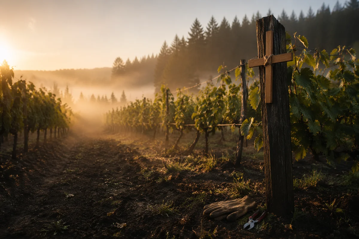 Morning Mist Vineyard with Wooden Cross