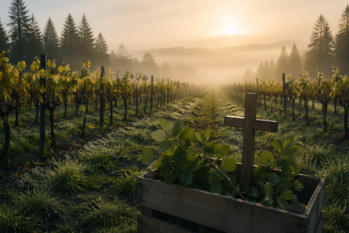 Morning Mist Vineyard With Wooden Cross