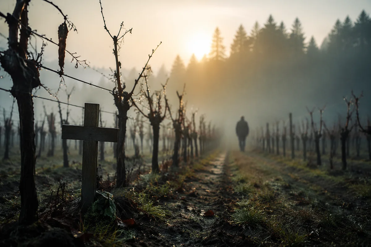 Morning Mist Vineyard Cross and Evergreens