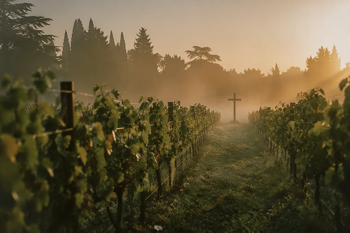 Morning Mist Vineyard with Wooden Cross
