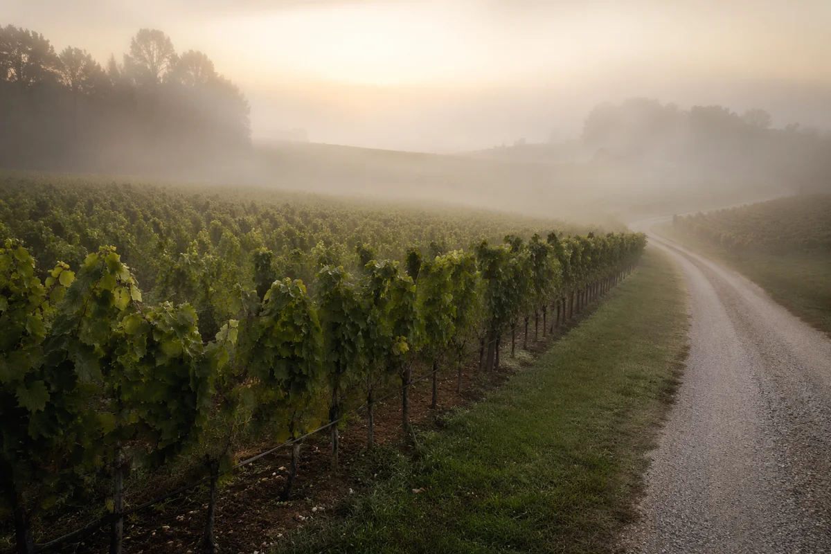 Misty Dawn Vineyard Rows Landscape