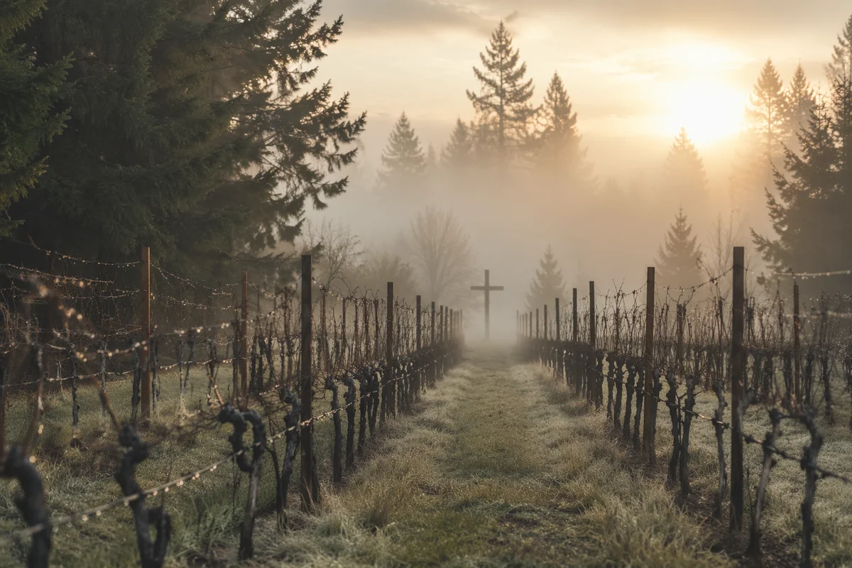 Misty Vineyard Rows Leading to Wooden Cross