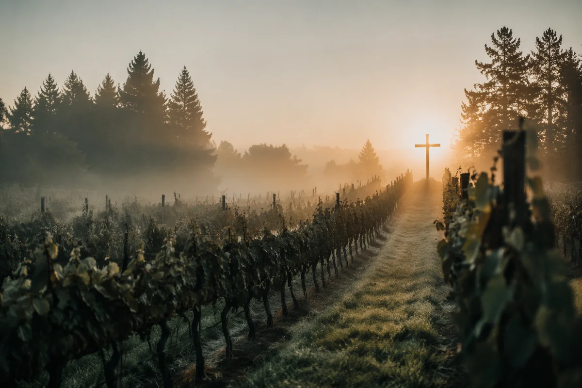 Morning Mist Vineyard Rows with Wooden Cross