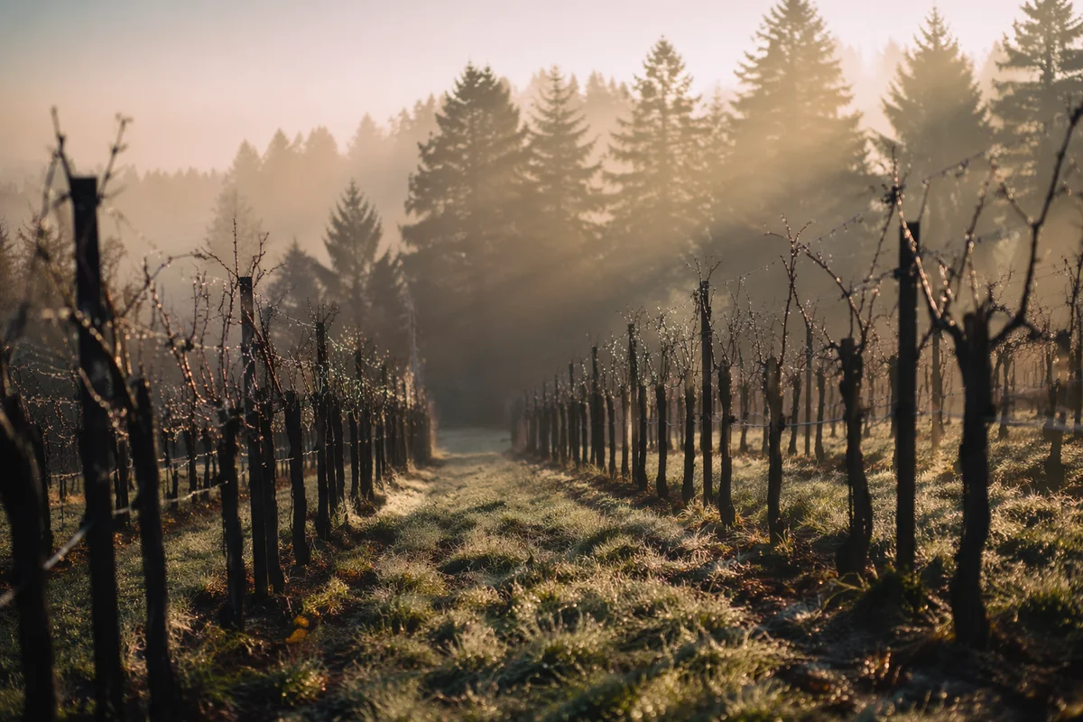 Misty Vineyard Rows at Peaceful Dawn