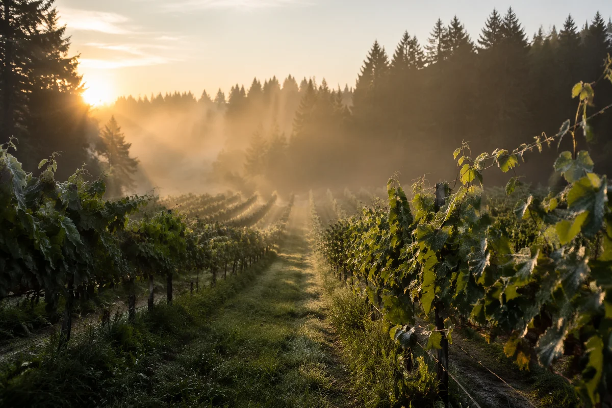 Morning Mist Vineyard Path with Evergreens