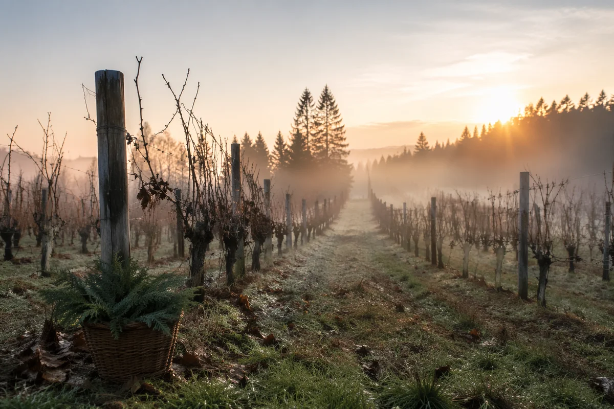 Morning Mist Over Evergreen Vineyard Rows