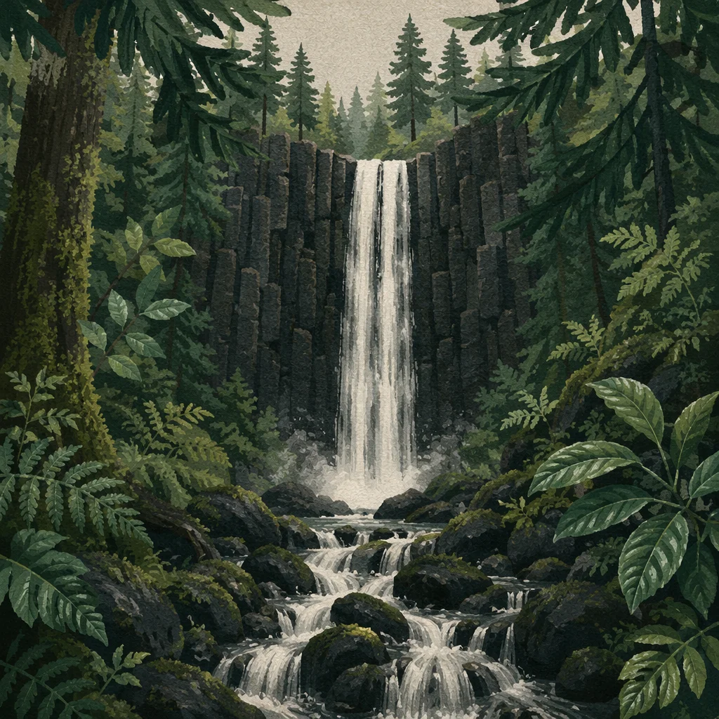 Evergreen Rainforest Waterfall with Misty Cascades