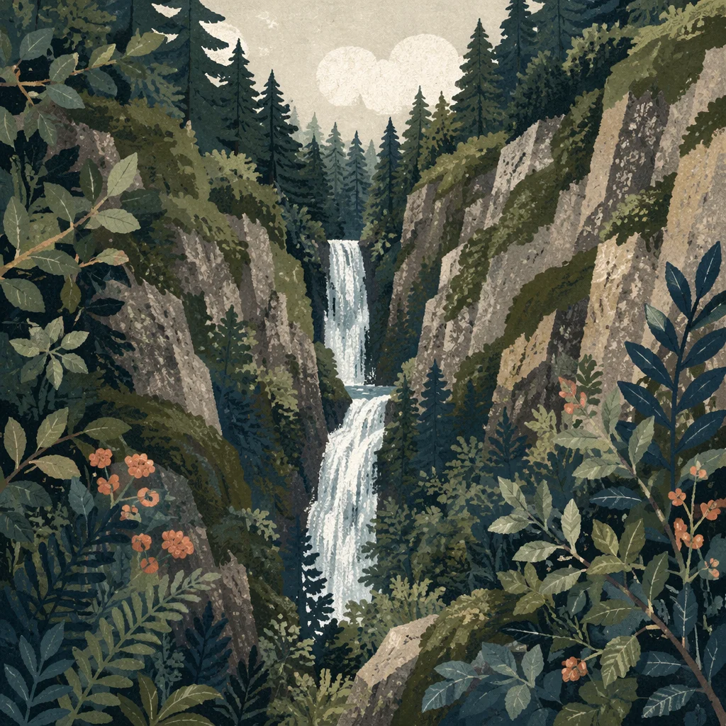 Secluded Evergreen Forest Waterfall Gorge