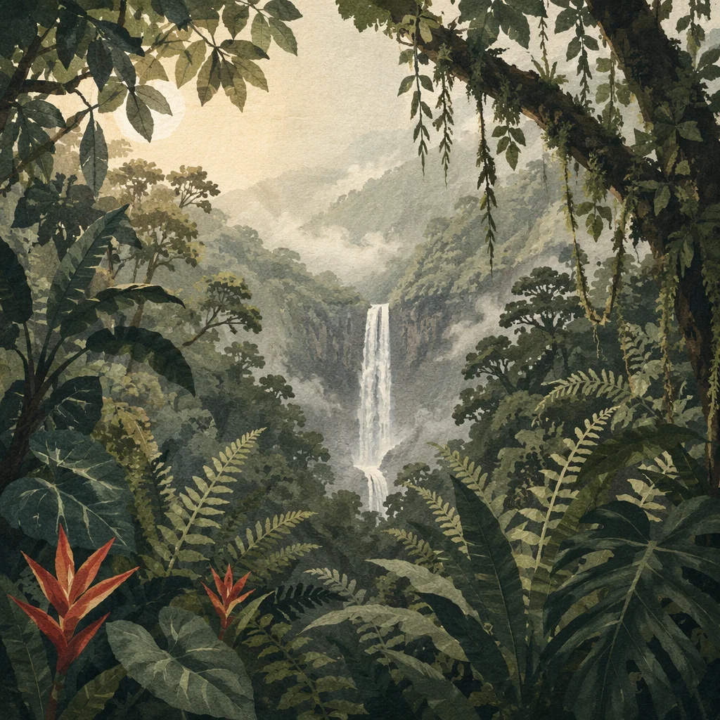 Misty Evergreen Forest Waterfall Sanctuary