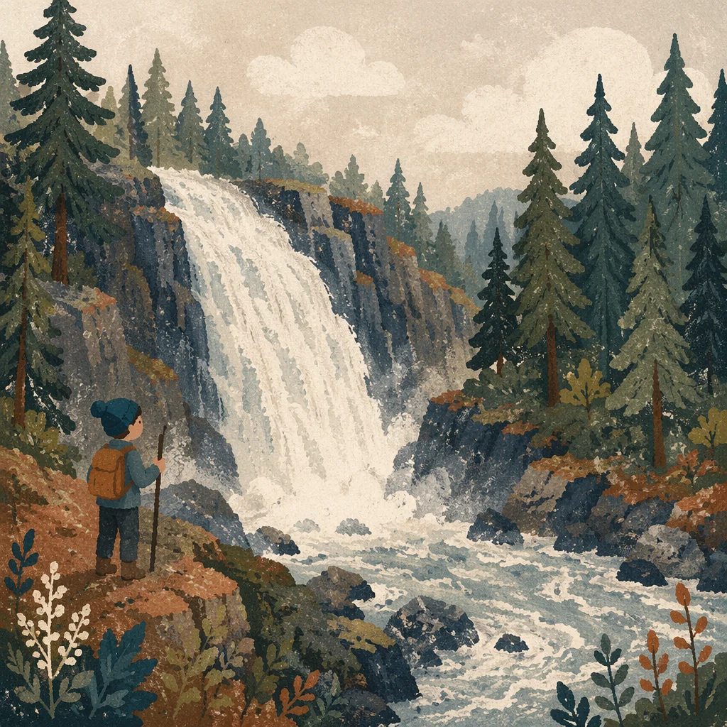 Evergreen Forest Waterfall in Morning Mist