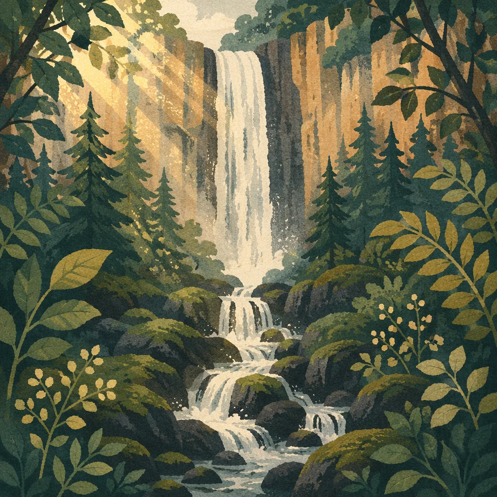 Evergreen Forest Waterfall in Morning Light