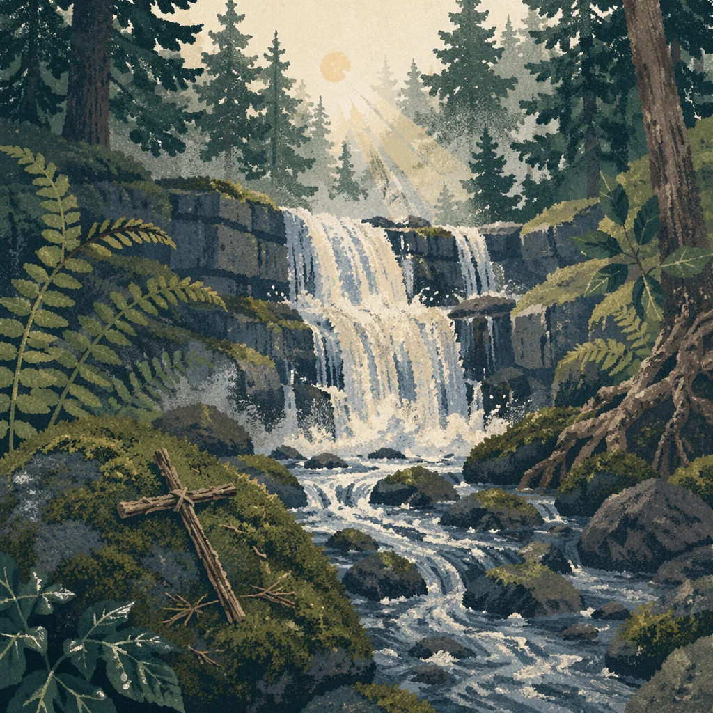 Evergreen Forest Waterfall With Rustic Twig Cross