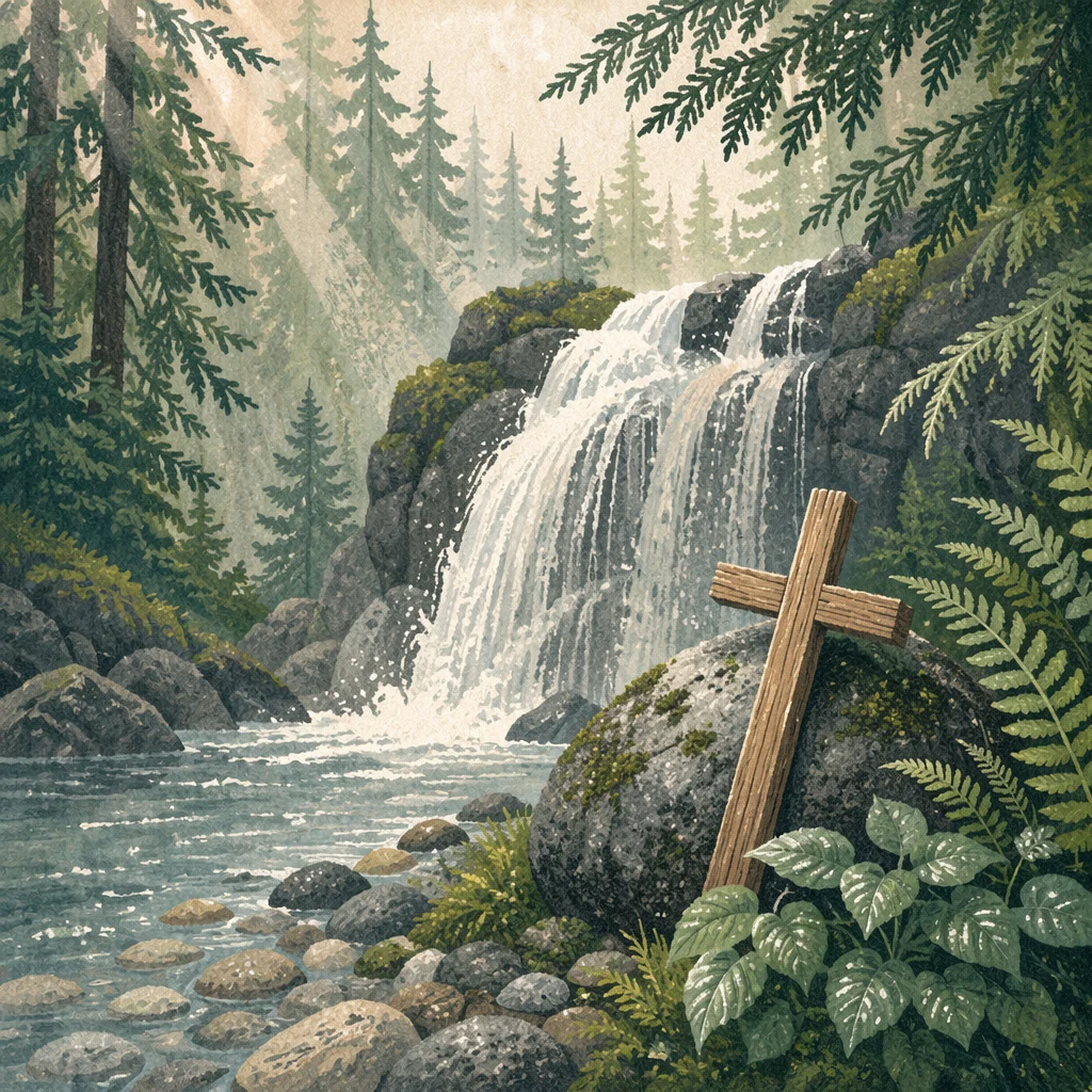 Evergreen Waterfall with Quiet Wooden Cross
