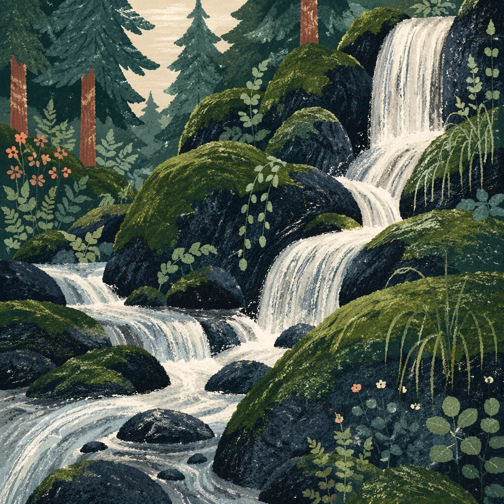 Evergreen Forest Waterfall with Emerald Moss