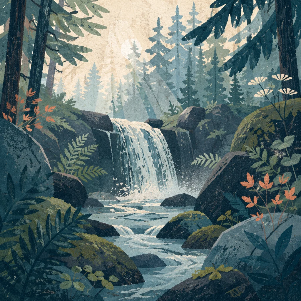 Hidden Evergreen Forest Waterfall Scene