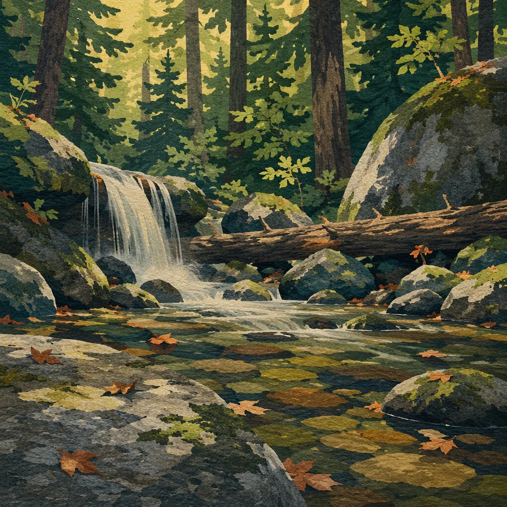 Peaceful Waterfall in Evergreen Forest