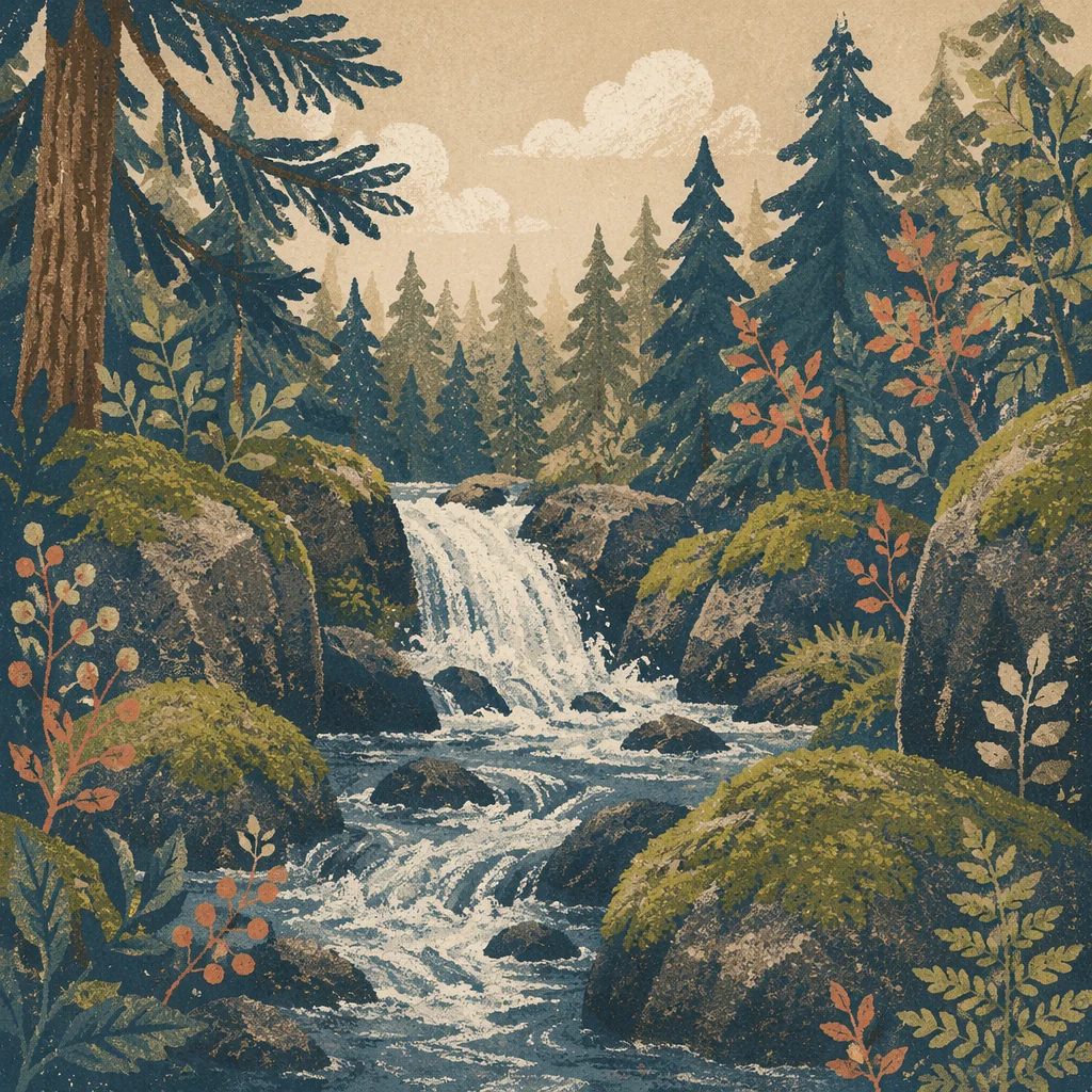 Evergreen Forest Waterfall with Mossy Rocks