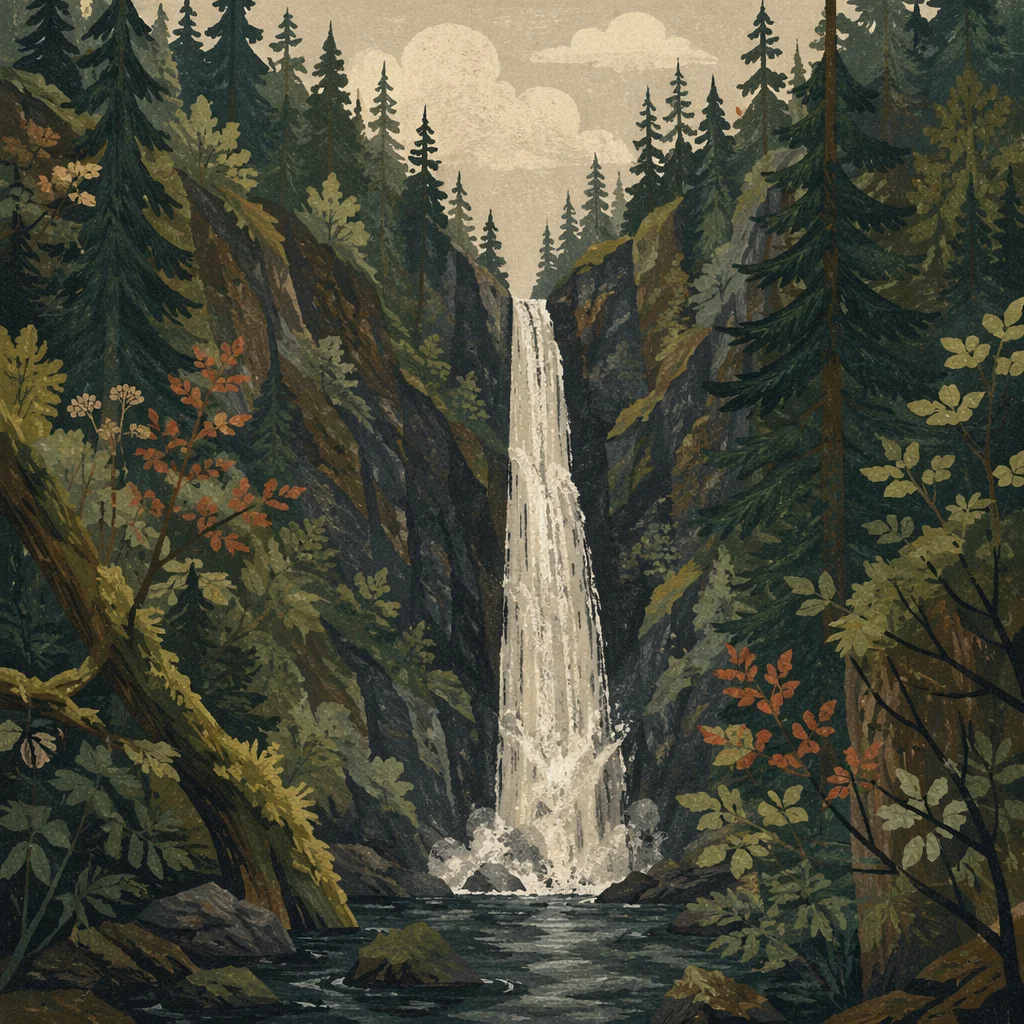 Serene Waterfall in Evergreen Forest Gorge