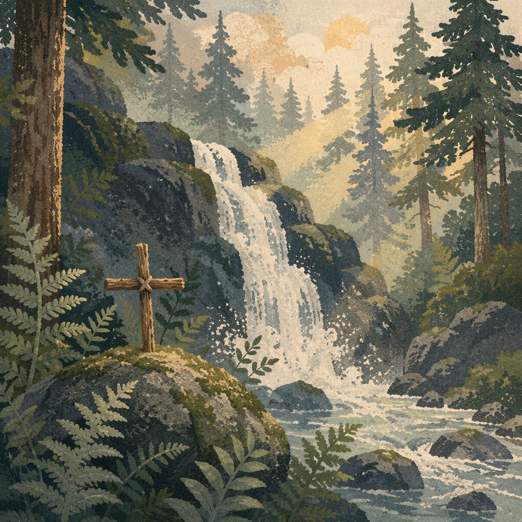 Evergreen Waterfall with Rustic Wooden Cross
