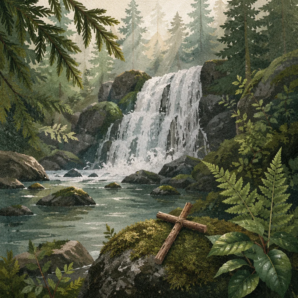Evergreen Forest Waterfall with Twig Cross