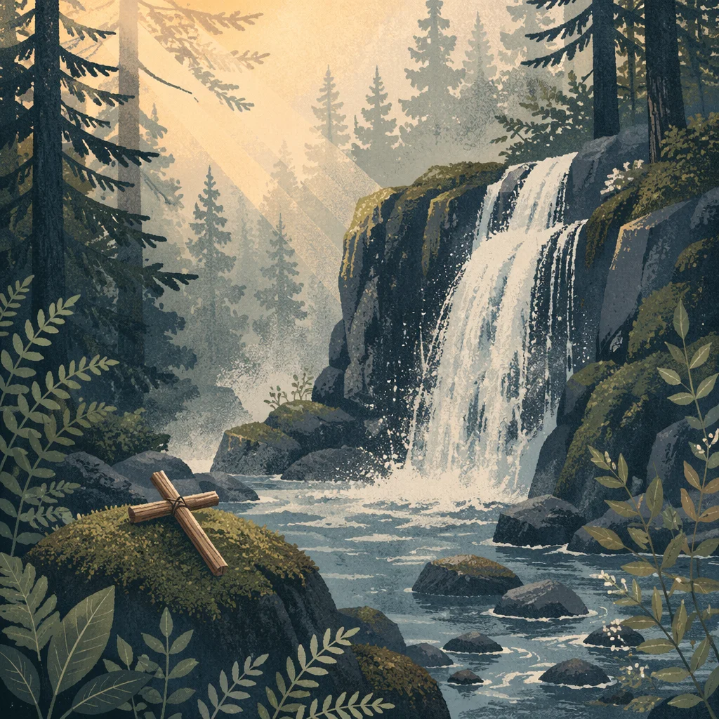 Evergreen Waterfall Prayer Cross in Misty Forest