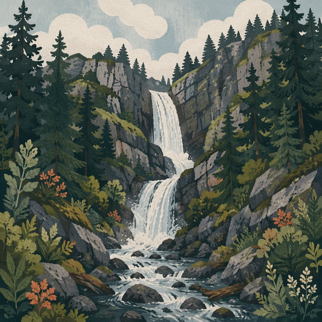 Secluded Evergreen Waterfall in Mountain Ravine
