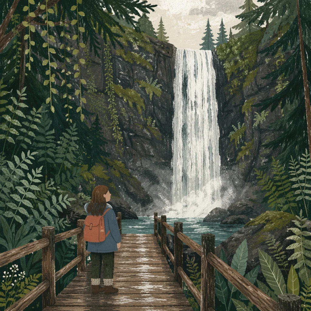 Evergreen Forest Waterfall with Wooden Footbridge